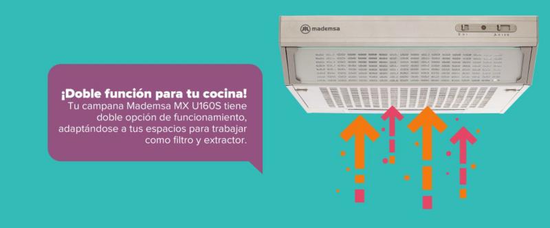¡Doble función para tu cocina! Tu campana Mademsa MX U160S tiene doble opción de funcionamiento, adaptándose a tus espacios para trabajar como filtro y extractor.